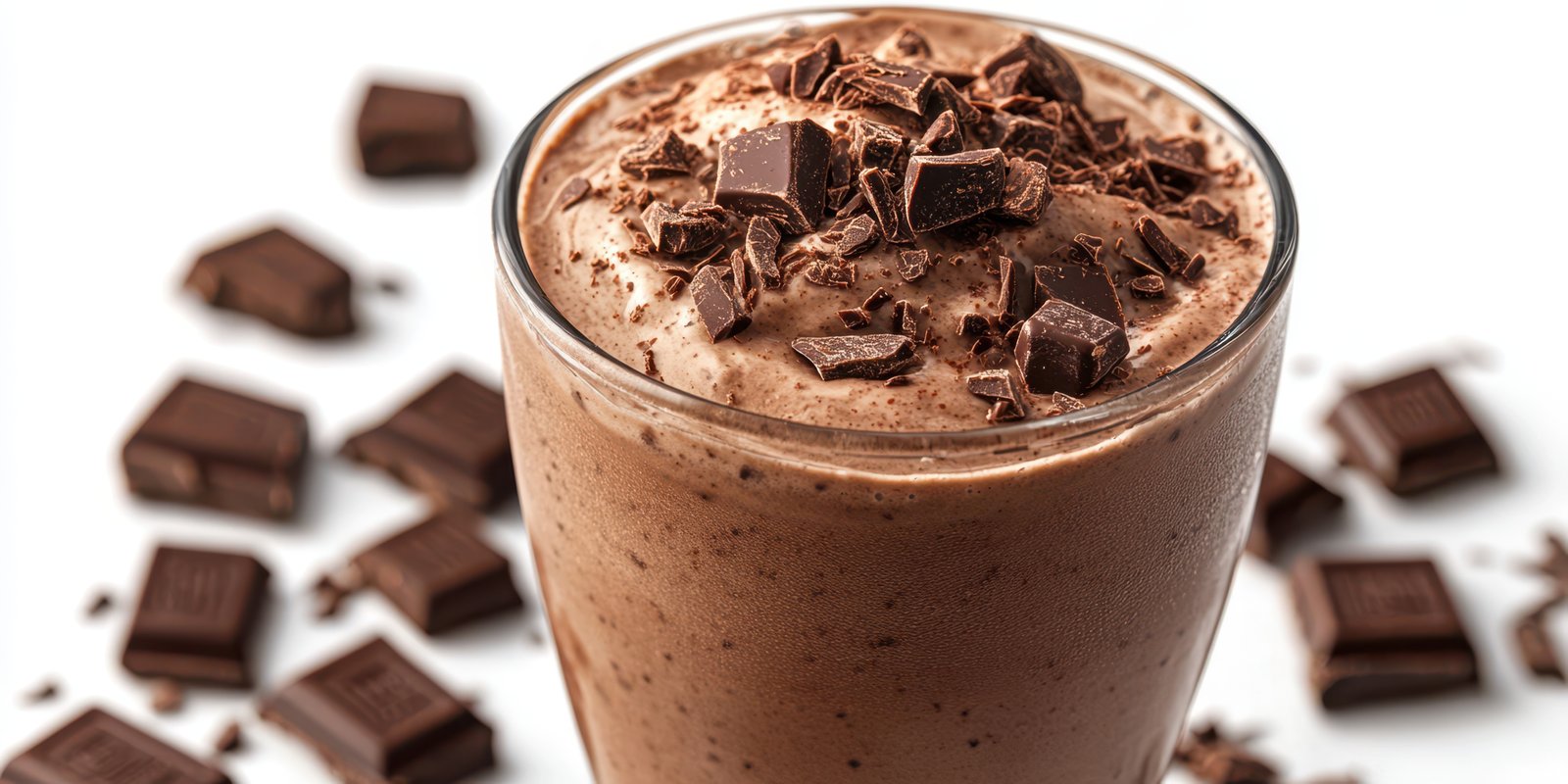 Delicious chocolate smoothie topped with chocolate shavings, perfect dessert treat enjoyed any time of day
